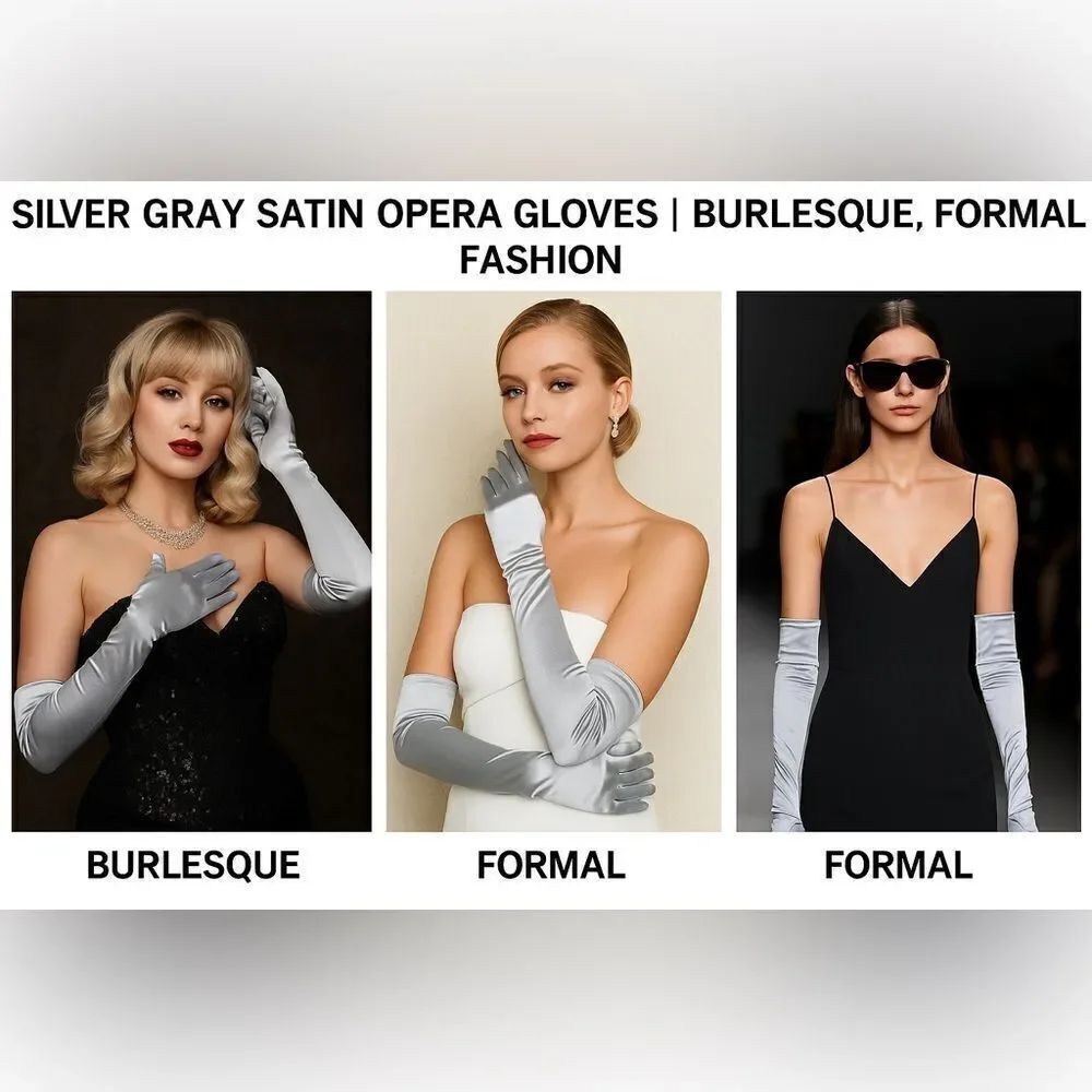 Glam Satin Opera Gloves | Grey |Size 13–16 Burlesque, Formal, Vintage Shoot 💋
